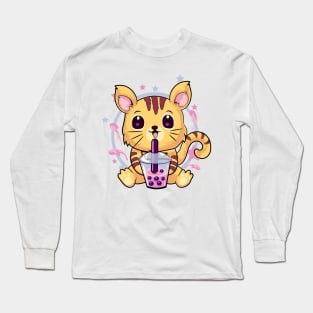 Kawaii Cat Drinking Bubble Tea Long Sleeve T-Shirt